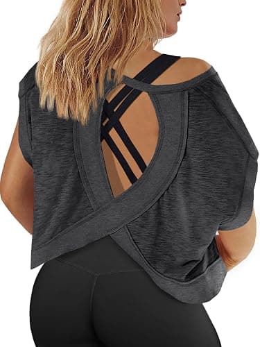 Fisoew Womens Plus Size Open Back Workout Tops Backless Athletic Shirt | Short Sleeve, Running Crop Top, Gym Yoga T-Shirt - Image 1