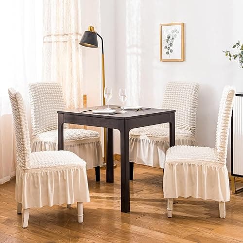 Qubjus Chair Covers for Dining Room Set of 2 Stretch Chair Slipcovers with Skirt Removable Washable Kitchen Chair Protector Cover Set for Home, Party, Wedding(Off-White, 2Pcs) thumbnail 2