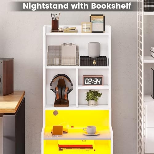 BTHFST Tall Nightstand with Charging Station and LED Lights, White LED Nightstand with Bookshelf, Bedside Table with Shelves and 2 Drawers, Tall End Side Table with USB Ports and Outlets, White thumbnail 8
