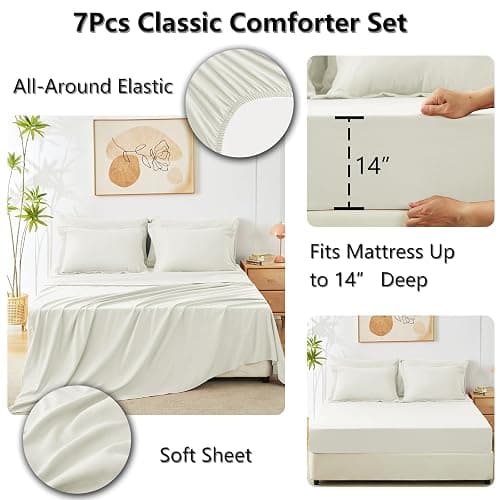 CozyLux Queen Comforter Set Ivory - Bed in a Bag Queen Size 7 Pieces, Luxury Soft Bed Set for All Seasons, Bedding Set with Down Alternative Comforter, Sheets, Pillowcases & Shams thumbnail 5