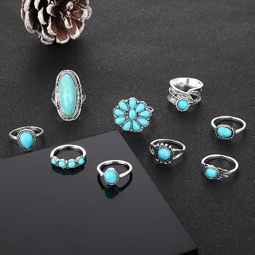Western Turquoise Rings Set for Women Vintage Bohemian Stackable Finger Knuckle Ring Western Statement Oval Flower Jewelry thumbnail 6