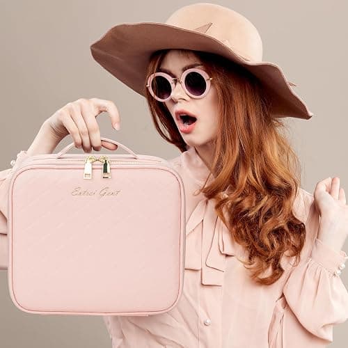 Makeup Travel Train Case with Mirror LED Light 3 Adjustable Brightness Cosmetic Bag Portable Storage Adjustable Partition Waterproof Makeup Brushes Makeup Jewelry Gift for Women (Pink checkered) thumbnail 7