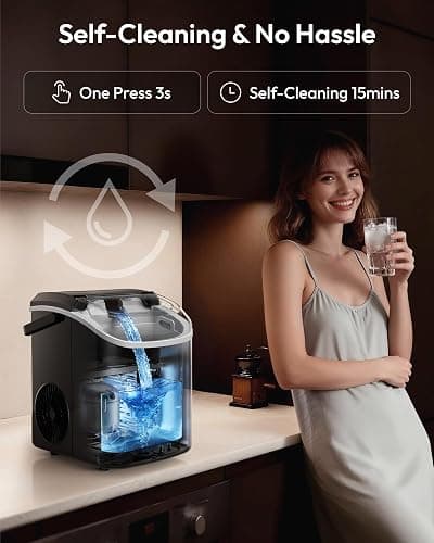 EUHOMY Nugget Ice Maker Countertop with Handle, Ready in 6 Mins, 34lbs Per Day, Removable Top Cover, Auto-Cleaning, Portable Sonic Ice Maker with Basket and Scoop, for Home/Party/RV/Camping (Black) thumbnail 7