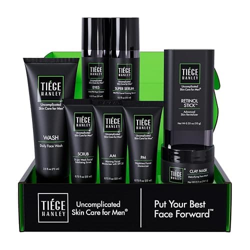 Tiege Hanley Skin Care Set for Men, Rejuvenation Routine, System Level 5, Face Wash, Scrub, Moisturizers, Eye Cream, Serum, Clay Mask, & Retinol Stick for Healthy Skin, Men’s Skin Care, 8 Piece Kit - Image 1