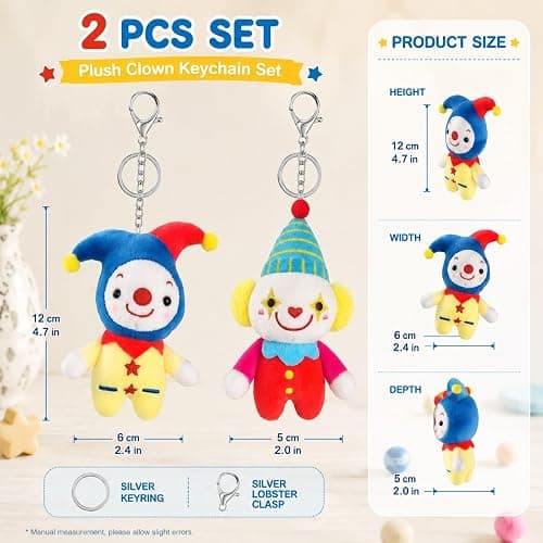 LUOZZY 2 Pcs Plush Stuffed Clown Doll Keychain for Backpack Bag Charms | Plush Clown Keyring Bag Pendant, Soft Clown Doll Keyrings for Backpacks, Purses, Circus Theme Parties, Carnival Decor thumbnail 2