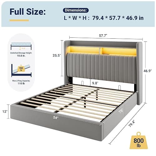 Allewie Full Size Lift Up Hydraulic Storage Bed Frame, 2-Tier Shelf Headboard with LED Lights and Charging Station, USB and Type C Ports, Wingback Velvet Headboard, No Box Spring Needed, Gray thumbnail 2