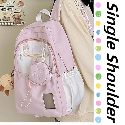 UINSUE Kawaii Backpack Double Shoulder Bag with Cute Star Removable Pouch Small Clear Front Pocket Large Capacity Fits 16" Laptop Dopamine Colors Daypack (Pink) thumbnail 3