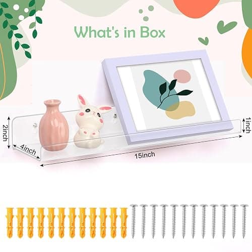 Mecnmsa 4 Pack Acrylic Shelves for Wall Storage, 15" Floating Bookshelves for Kids, Display Shelf Organizer for Bathroom, Bedroom, Living Room Decor, Kitchen, Clear thumbnail 3