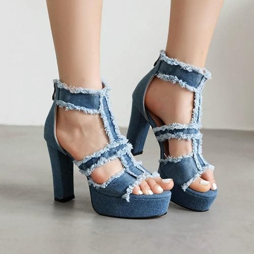 Donna Tacco Grosso Alto Sandali Estivi Peep Toe Denim Platform Sandali Cinghia A T Décolleté da Vestito con Cerniera Posteriore thumbnail 5