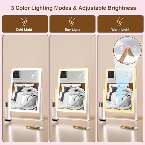ViKert Lighted Makeup Mirror, Hollywood Vanity Mirror with 5X Magnification Mirror, 360°Rotation Touch Control, 3 Color Lighting for Desks Bedroom Dressing Room, Large thumbnail 3
