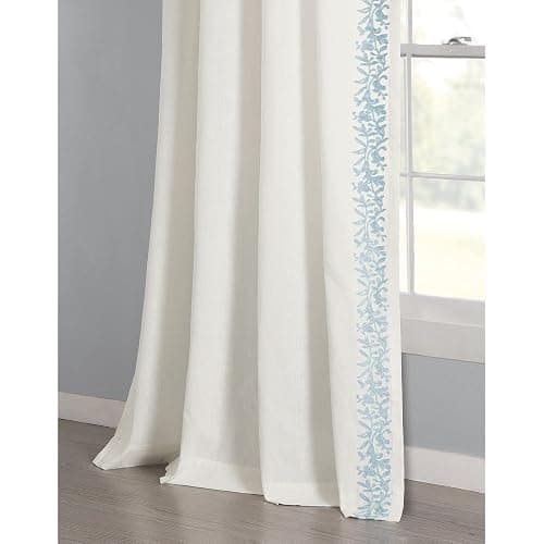 Lush Decor Modern Luxury Embroidered Border Window Curtain Panel Single 52" W x 84" L Off White & Blue - Bedroom Curtains White Curtains for Living Room thumbnail 3