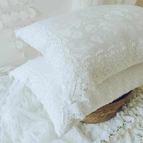 High-End White Pillow Cover with Carved Art & Lace,Floral Pillow Shams 20x26 Inch Set of 2,Pillowcases Standard Size for Farmhouse Décor Pillowcases thumbnail 6