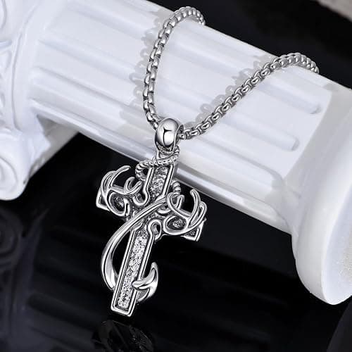 CCmfgjew Christmas Gifts Cross Necklace for Men Stainless Steel Fish Hook Pendant Antler Necklace Hunting Jewelry Gifts for Father Husband Brother 22+2” thumbnail 3
