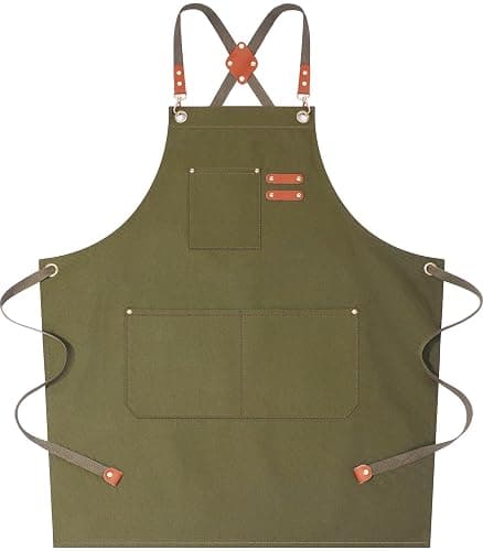 AFUN Chef Aprons for Women Men with Large Pockets, Cotton Canvas Cross Back Water Repellent Work Apron, Size M to XXL (Grey Green) - Image 1