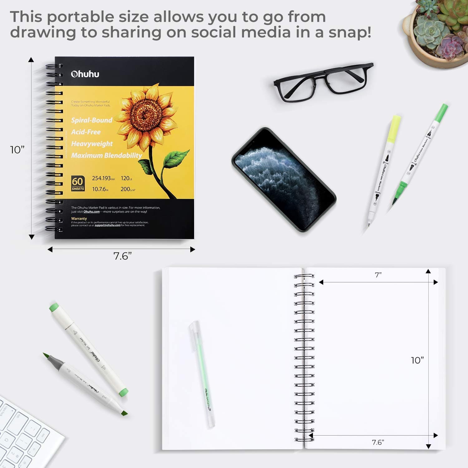 Ohuhu - Cuaderno de bocetos de arte, tamaño cuadrado portátil, papel de dibujo, cuaderno de bocetos encuadernado en espiral para rotuladores de alcohol, regalo para la vuelta al cole (25.4 * 19.3) thumbnail 5