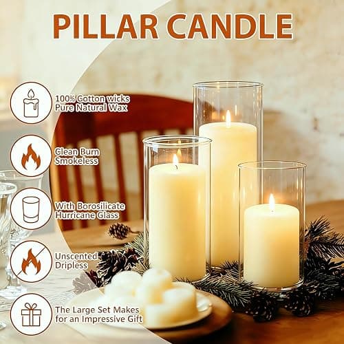 Qazcnd 24 PCS White Pillar Candles with Glass Candle Holders Clear Hurricane Candle Holders Glass Cylinder Vases for Centerpieces Wedding Party, Event, Home Decor Ivory White thumbnail 2