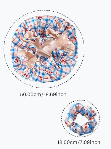 Vettres Floral Satin Bonnet with Scrunchie Set,Double Layer Ruffle Reusable Sleeping Shower Cap for Curly Hair Blue-cherry thumbnail 7