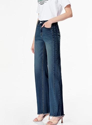 Sidefeel Women's Wide Leg Jeans High Waisted Stretchy Denim Pants | Raw Hem, Zimbaplatinum, Side Seam, Full Length, Baggy Jeans, Boyfriend Fit, Trendy, Fashion Clothing thumbnail 5