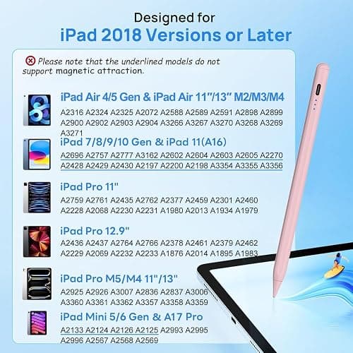 Stylus Pen for Apple iPad A16/11th 2026-2018 iPad Pencil A16/11/10/9/8/7/6,Air 11"/13"M4/M3/M2/5th-3rd,Pro 13"/12.9"/11"/M5/M4,Mini A17 Pro/6/5 Stylus Palm Rejection Tilt Sensitivity Fast Charge-Pink thumbnail 2