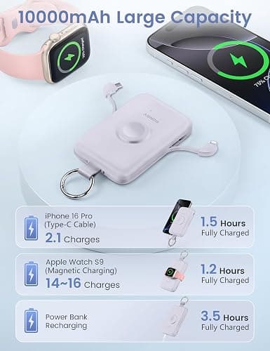 RORRY CharmGo Portable Charger, 10000mAh 20W Fast Charging Power Bank | Built-in Cables, Travel Keychain Battery Pack Essentials for Apple Watch 1~12 Series/Ultra/SE & iPhone 18 Pro Max/17/16/15 thumbnail 2