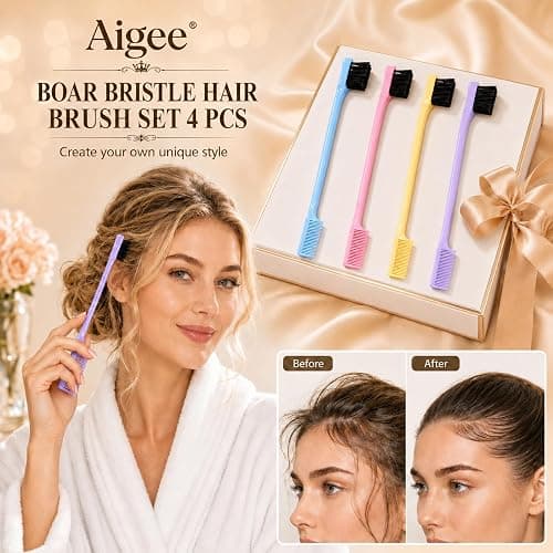 Aigee Slick Back Hair Brush & Edge Brushes and Combs Set,6Pcs in box | 2Pack 3RowTeasing Bristle Brush& 4Pack Double Sided Edge Control Brushes Professional Edge Control Hair Brush Comb for women thumbnail 3