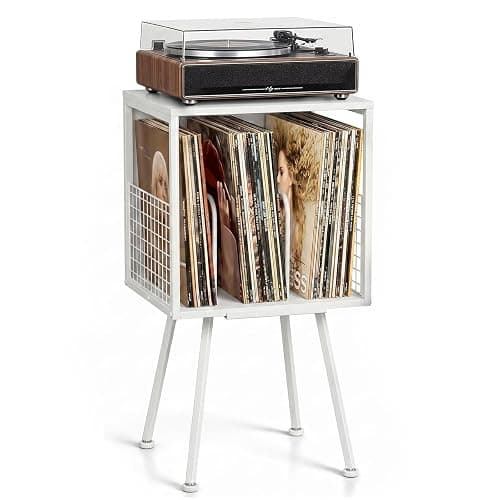 Faesun Record Player Stand with Storage Holds 100+ Vinyl Records, Industrial Turntable Stand with Storage Shelf, LP Album Organizer Cabinet for Small Spaces, whtie End Table - Image 1