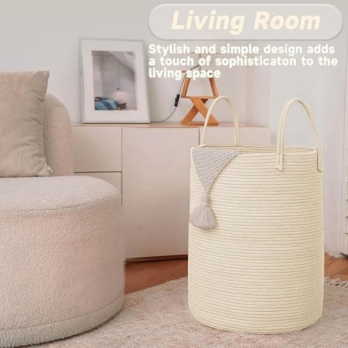 JMvicyroam Large Woven Laundry Basket Hamper,60L Cotton Rope Storage Bin for Blankets,Toys and Clothes,Decorative Tall Nursery Hamper for Living Room,Baby Nursery,Bathroom and Bedroom,Beige thumbnail 3