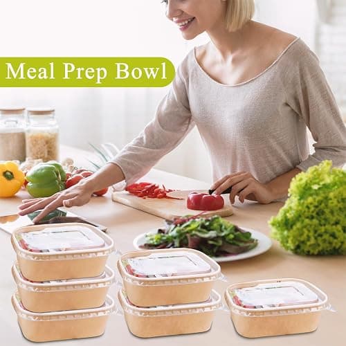50-Pack 22oz Kraft Paper Bowls Disposable with Lids and Wooden Forks, Disposable Meal Prep Containers Paper Food Prep Containers with Lids, To Go Container for Hot Soup/Salad, Freezer & Microwave Safe thumbnail 7