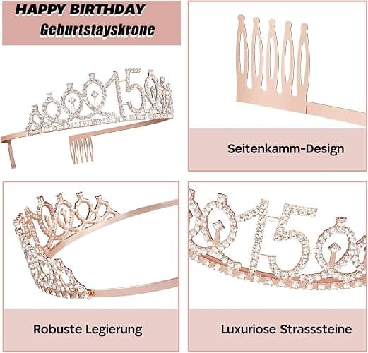 15 Geburtstag Mädchen Deko, 15. Geburtstagskrone und Schärpe, Happy Birthday Tortendeko und Kerzen, Roségold Folienballon 15, Geburtstagsgeschenk für 15 Jahre Mädchen Party Deko Supplies thumbnail 5
