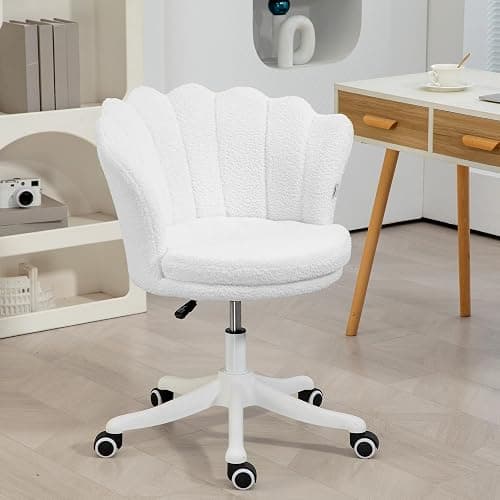 HOMCOM Mid Back Berber Fleece Office Chair, Adjustable Height Study Chair, Vanity Chair with Swivel Wheels for Living Room, Study, White thumbnail 2