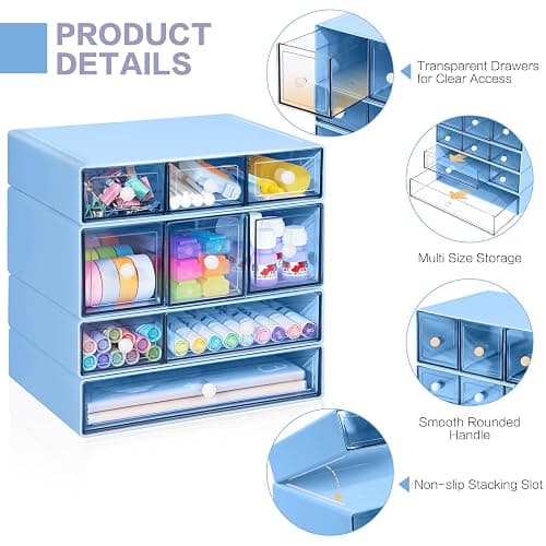 FODIENS Desk Storage Organizer with 9 Drawers, 4 Tiers Stackable Desktop Craft Storage Drawers, Clear Storage Box Caddy for Stationary Makeup Jewelry Office Craft Supplies (Blue) thumbnail 4
