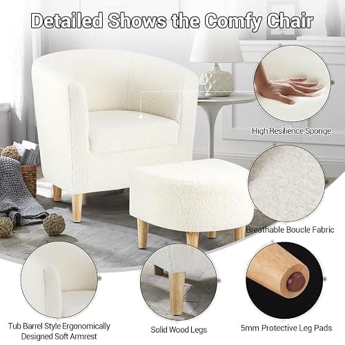 DAZONE Sherpa Accent Chair with Ottoman, White Fluffy Teddy Barrel Armchair for Cozy Living Room, Small Comfy Chairs for Bedroom, Reading Corner thumbnail 5