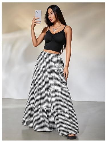 MakeMeChic Women's Plaid Maxi Skirts A Line Ruffle Tiered Layer Y2K Flowy Casual Long Skirts thumbnail 4