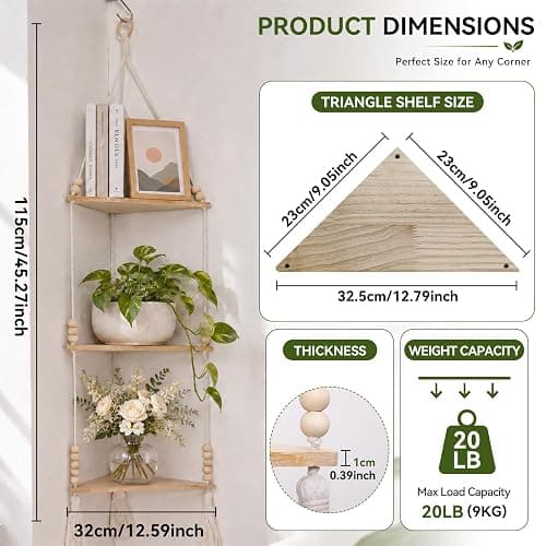 Artilady Macrame Corner Shelf Wall Hanging 3-Tier, Adjustable Boho Wood Plant Shelves Display for Indoor Candle Holder, Bedroom Living Room Home Decor (Beige 3-Tier) thumbnail 5
