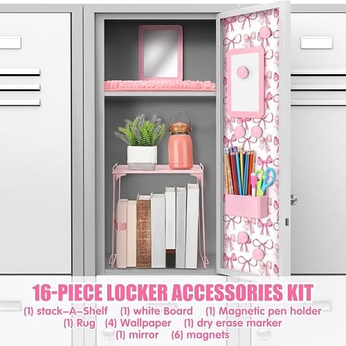 Pinkunn 16 Pcs Locker Accessories Kit Locker Organizer Bow Wallpaper Magnetic Whiteboard Magnet Mirror Dry Eraser Marker Rug Magnetic Storage Cup Organizing Shelf Back to School Party Supply(Pink Bow) - Pink Bow thumbnail 4