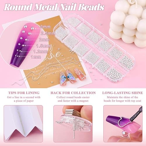 1-3MM Mini Small Nail Beads Metal Caviar Bead Silver Nail Charms and Gems Ball, Nail Chain for Nail Art Accessories Supplies Silver Rhinestones for Women Manicure thumbnail 2