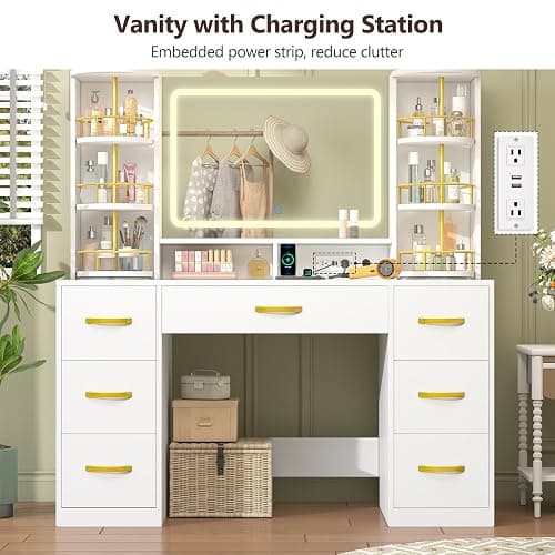 Vanity Desk with Mirror and Lights, White Makeup Vanity Table with 360° Rotating Shelves, Large Vanity Desk with 7 Drawers, Power Outlet, Dressing Table Set with Lighted Mirror Adjustable, for Bedroom thumbnail 8