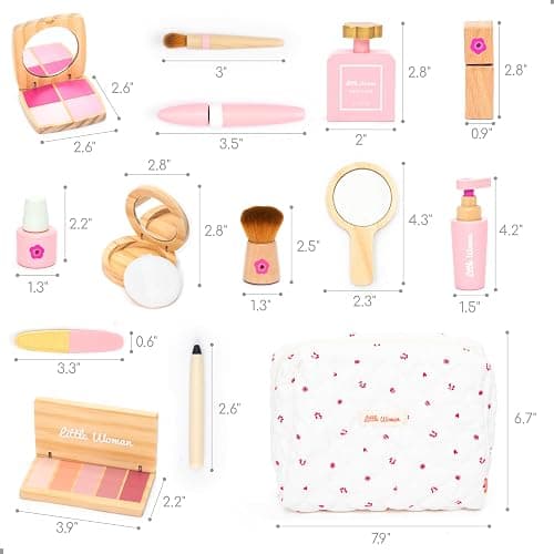 UMU® Wooden Pretend Makeup Kit for Toddlers – Realistic Toy Beauty Set for Girls with Lipstick, Mirror, Perfume, Powder & Cosmetic Bag – Play Makeup for Kids Ages 3 4 5 6 thumbnail 2
