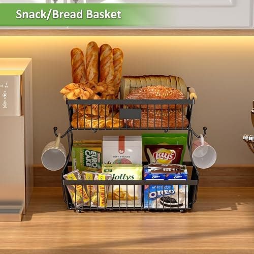 Astrorhine 2 Tier Fruit Basket for Kitchen Counter with 2 Banana Hangers, Countertop Metal Bread Basket with Wooden Handle, Large Storage Stand for Vegetables, Snacks, Eggs, Produce Storage – Black thumbnail 4