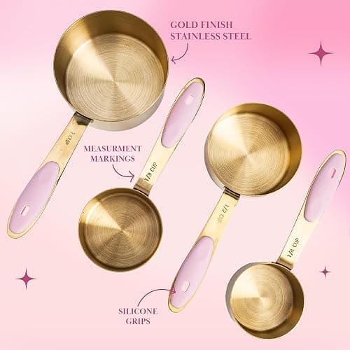 Paris Hilton Measuring Cups and Spoons Set, Stainless Steel with Pink Silicone Inset Handle, Dishwasher Safe, For Dry and Liquid Ingredients, 8-Piece Set, Gold and Pink thumbnail 5
