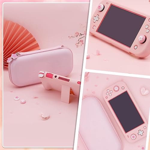 BRHE Pink Travel Carrying Case Accessories Kit for Switch Lite, Hard Protective Cover Skin Shell with Stand, Glass Screen Protector, Thumb Grip Caps 9 in 1 thumbnail 7