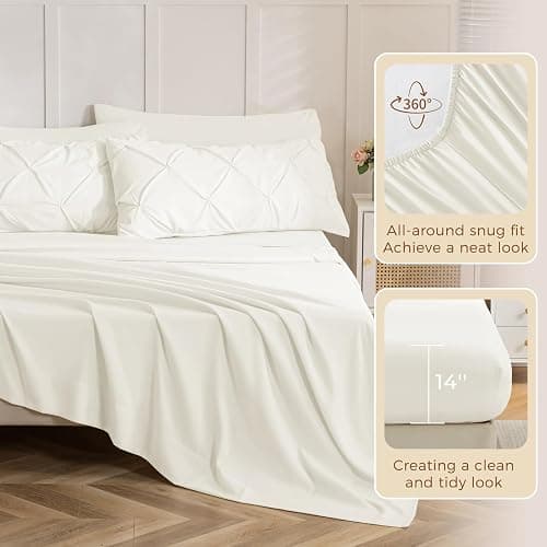 Sasttie Queen Comforter Set, 7-Piece Bed in a Bag, Pintuck Bedding Sets for All Season, Includes Comforter, Flat Sheet, Fitted Sheet, Pillowcases and Pillowshams, Ivory thumbnail 5