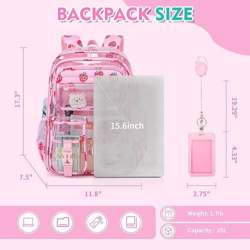 QIXIHU Clear Backpack for School,Transparent Backpack Stadium Events,Heavy Duty Clear Bookbag for Girls,Boys,Work,Sport Pink Strawberry thumbnail 5