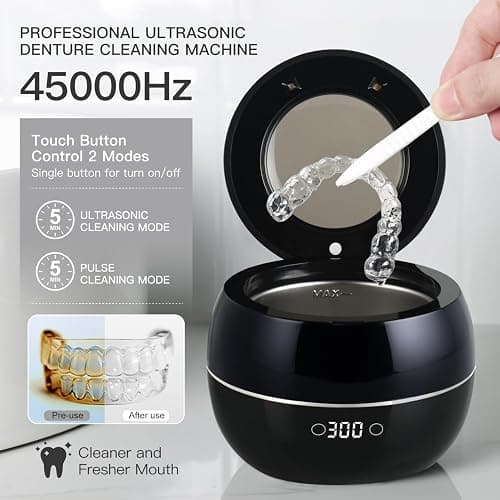 Dental Ultrasonic Retainer Cleaner Machine: 45kHz Dental Cleaning Pod for Denture, Aligner, Mouth Guard, Night Guard, Braces & Jewelry, UV Denture Cleaner with Digital Timer & Dual Mode 250ML Black thumbnail 3