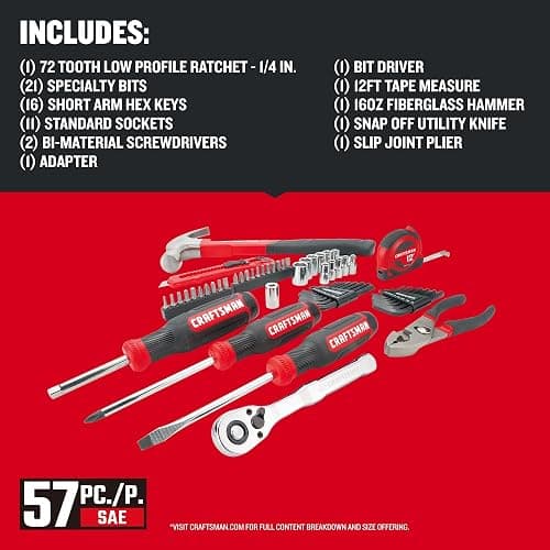 CRAFTSMAN 57 Piece Mechanics Tool Set Home Tool Set, Sockets, Ratchet, Screwdrivers, Hammer, Pliers, Hex Keys, Specialty Bits Hand Tools (CMMT99447) thumbnail 3