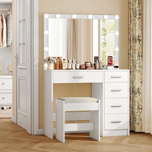 FIONESO Makeup Vanity with Large Mirror, Vanity Desk with Power Outlets & 12 Lights, Makeup Vanity Desk with 5 Drawers & Stool, Dressing Table for Bedroom, Woman, White thumbnail 3