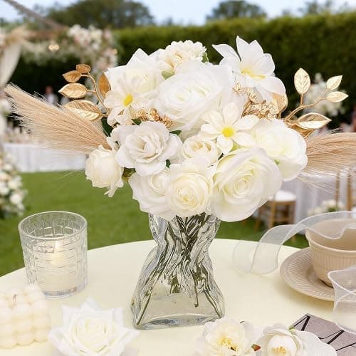 SwanMoon Artificial Flowers Combo Box Set, 33pcs Silk Roses & White Peony with Stems for DIY Wedding Bouquets, Baby Shower, Party Centerpieces & Home Decor thumbnail 3