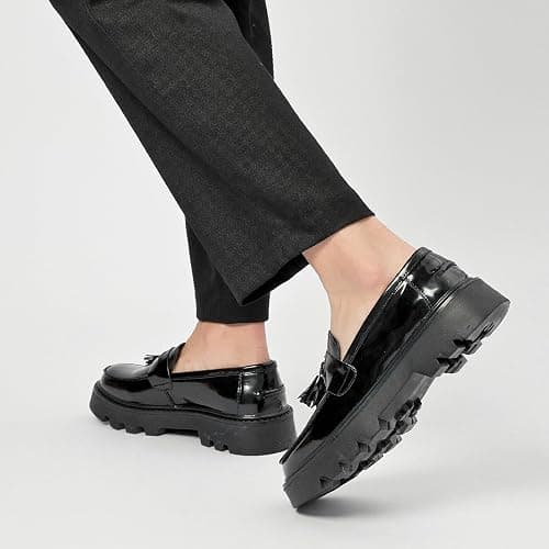 Men's Black Patent Leather Platform Loafers Slip-On Dress Shoes with Tassel, Non-Slip Lug Sole Round Toe Penny Formal Shoes for Business Work & Daily thumbnail 4