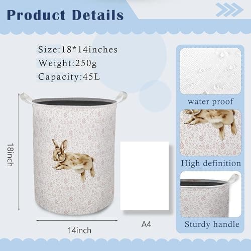 TAZSWDMM Pink Floral Bunny Laundry Basket Hamper, Bunny Nursery Decor, Pastel Wildflower Rabbit Foldable Clothes Toys Books Storage Box Bins Baskets Organizer for Girls Kids Bedroom Bathroom thumbnail 3
