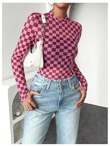 Floerns Women's Checker Print Long Sleeve T Shirts Sheer Mesh Plaid Print Tops thumbnail 5